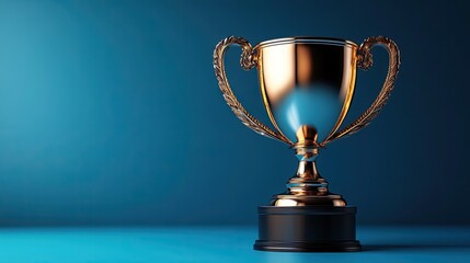 3d abstract trophy cup on blue background. champions award, sport victory, winner prize concept. com