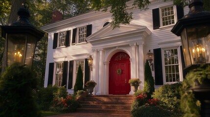 Poster - Home with Red Door and Lanterns on Either Side