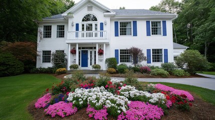 Poster - House with Blue Shutters and Manicured Flower Beds