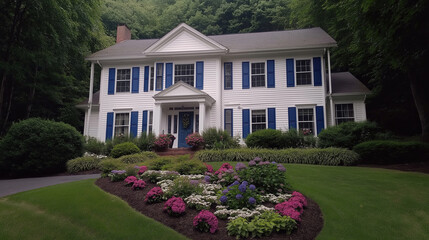 Poster - House with Blue Shutters and Manicured Flower Beds