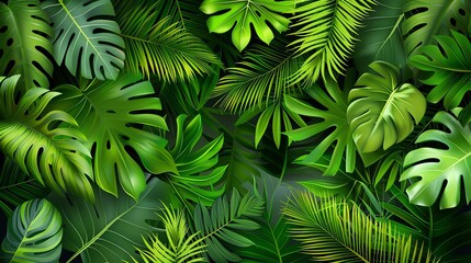 Wall Mural - A seamless pattern of lush green tropical leaves.