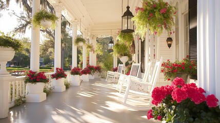 Poster - Porch with Rocking Chairs and Hanging Lanterns