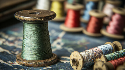 Poster - Vintage wooden spools with colorful thread displayed on patterned cloth, highlighting sewing supplies for textile crafts