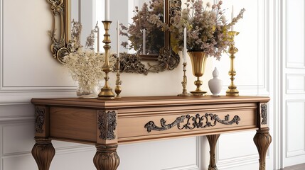 Poster - Wooden Console Table with Brass Candlesticks and Ornate Mirror