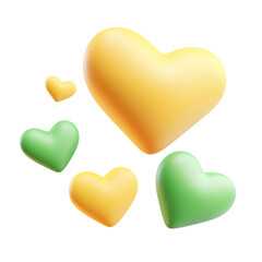 Wall Mural - flying yellow and green hearts 3d render icon isolated on transparent background cutout