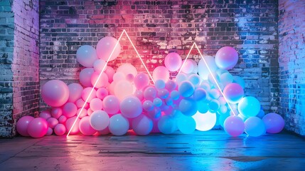Poster - Pink and blue balloons with neon lights against a brick wall.