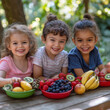 © Irina - Three cheerful young girls sitting together at a wooden table with colorful fruits