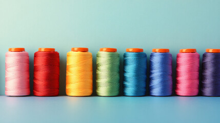 Poster - Vibrant sewing threads lined up against a blue backdrop, ideal for sewing and fashion endeavors
