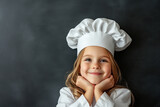 Cooking, culinary and profession concept - happy smiling little girl in chef's toque and jacket with black chalkboard over grey background