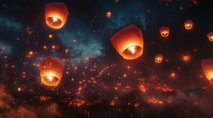 Wall Mural - Festival of lights, paper sky lanterns at night, travel photography 