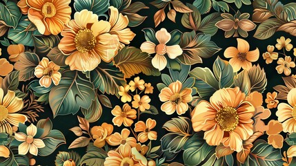 Wall Mural - A seamless pattern of yellow flowers and green leaves on a dark background.