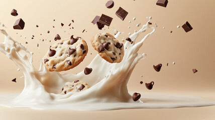 Wall Mural - Multiple chocolate chip cookies gracefully falling in mid-air with milk splashing up, surrounded by chocolate drops