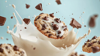 Wall Mural - Multiple chocolate chip cookies gracefully falling in mid-air with milk splashing up, surrounded by chocolate drops