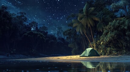 Wall Mural - green tent on sandy beach under starlit sky with lagoon reflecting stars