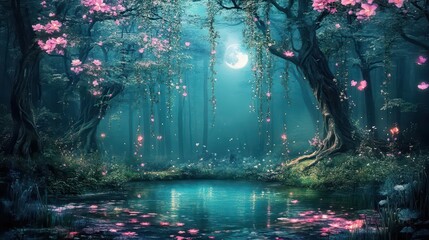 Wall Mural - A serene glowing forest with pink and turquoise luminescent flowers