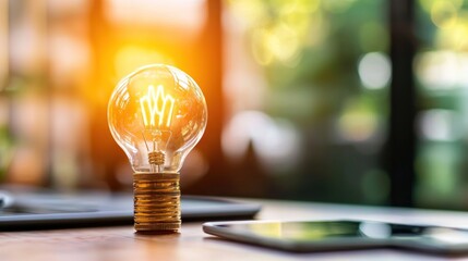 Wall Mural - light bulb glowing, bright idea, modern workspace, soft focus background