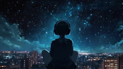 lofi loop animation of anime-style girl sitting on a rooftop, wearing headphones and gazing at the c