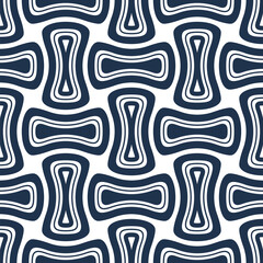 Poster - Seamless repeating pattern with small rectangular dark blue geometric shapes, isolated on a white background. Elegant and contemporary design. Abstract vector illustration.