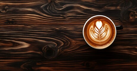 Wall Mural - Cappuccino coffee with latte art on a wooden table, top view, flat lay background. Generative AI