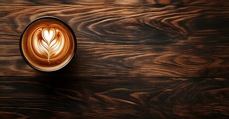 Wall Mural - Cappuccino coffee with latte art on a wooden table, top view, flat lay background. Generative AI