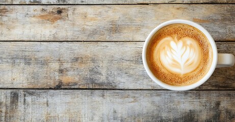 Wall Mural - Cappuccino coffee with latte art on a wooden table, top view, flat lay background. Generative AI