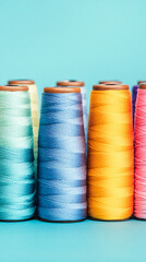 Poster - Vibrant turquoise background with a row of colorful spools of thread creates a cheerful and inspiring scene for sewing and craft projects