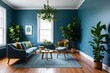 © Michael - Serene Interior Design with Pale Blue Walls Hardwood Floors and Lush Greenery