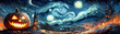 © HQAsset - A Glowing Jack-o'-Lantern Sits Before a Village in a Starry Night, with a Stylized  Painting Style