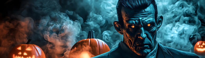 Wall Mural - A Grim Man with Glowing Eyes Emerges from a Smoky Halloween Scene