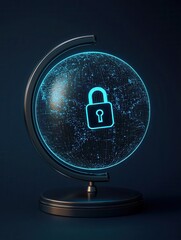 Poster - Cyber insurance and risk management concept. A digital globe featuring a glowing padlock, symbolizing security, data protection, and cybersecurity in a modern design.