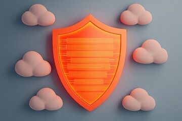 Poster - Cyber insurance and risk management concept. A stylized orange shield with glowing lights is surrounded by soft, cloud-like shapes against a blue background, symbolizing security and protection.