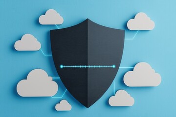 Poster - Cyber insurance and risk management concept. A digital shield icon surrounded by cloud icons, symbolizing cybersecurity and cloud protection in a modern design.