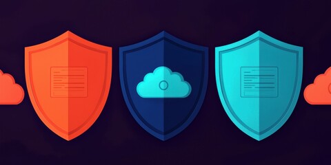 Poster - Cyber insurance and risk management concept. A visual representation of three colorful shields symbolizing cloud security and data protection in a digital environment.