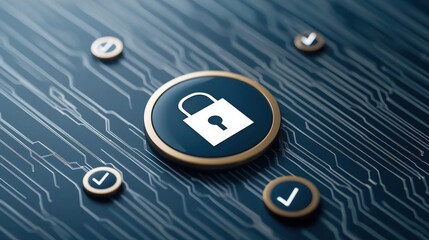Poster - Cyber insurance and risk management concept. A stylized digital image featuring a padlock icon surrounded by checkmarks, symbolizing security, verification, and technology.
