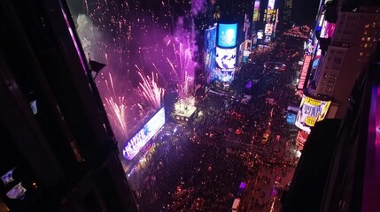 Wall Mural - vibrant new year’s eve celebration in times square featuring glittering lights, colorful confetti, and a festive atmosphere with crowds cheering under the night sky to welcome the new year