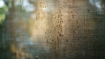 A macro photograph of the window screen's edges, focusing on the material and any imperfections, with the surrounding area softly blurred.