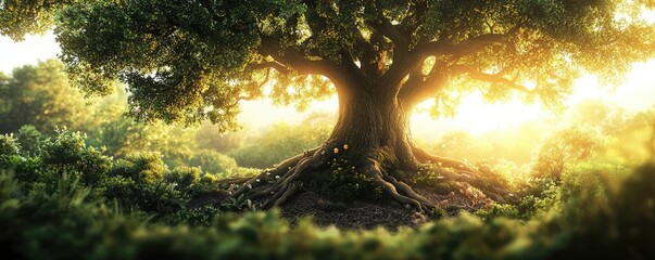 Wall Mural - Majestic tree with sunlight filtering through leaves, vibrant green surroundings.