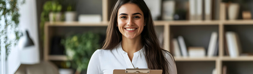 Wall Mural - Happy professional female psychologist holding a clipboard, smiling and looking at the camera  -