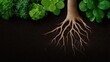 © PBMasterDesign - Roots and leaves of various plants against a dark soil background.