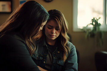 Wall Mural - PTSD support: therapist comforting a young adult, capturing the power of compassionate care