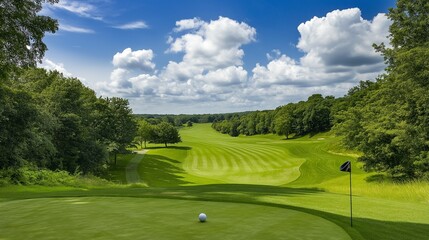 golfer ball and mid-swing on a beautifully manicured course, with lush greenery