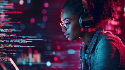 a professional woman wearing headphones coding on her laptop in a collaborative office environment