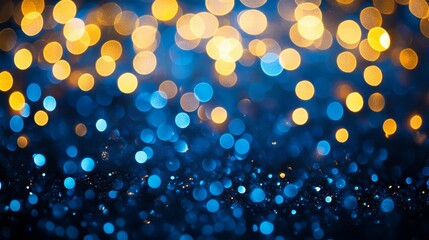 Wall Mural - abstract new year background featuring soft blurred holiday lights in warm tones against a dark blue