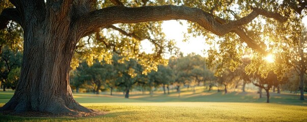 Poster - Majestic tree with sunlight filtering through leaves in serene landscape.