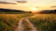 © JoxyAimages - This image captures a picturesque sunset landscape with a winding path through a field of wildflowers, set against a backdrop of distant mountains and a glowing sky.