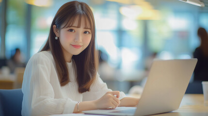 Aufkleber - 若くてかわいいアジア人女性が、カフェでパソコン作業をしている。笑顔のビジネスシーンの撮影。