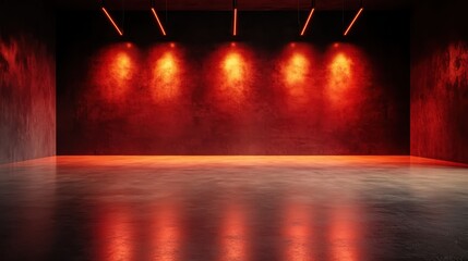 Poster - An industrial-style room with abstract lighting and textured walls bathed in orange, exemplifying creativity and bold architectural aesthetics.
