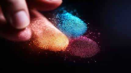 Poster - Three colorful fingerprints appear in a swirl of vibrant energy, emphasizing uniqueness, individuality, and artistic creativity in a modern digital design.