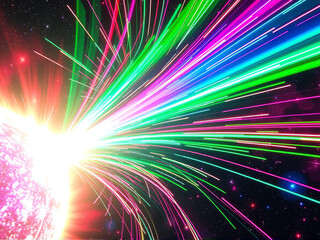 Wall Mural - Vibrant light beams radiate from a central source, creating a stunning cosmic visual spectacle in deep space