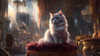 © Thiago - A regal persian cat sitting on a velvet cushion in an opulent room filled with chandeliers and antique furniture. Opulent. Illustration